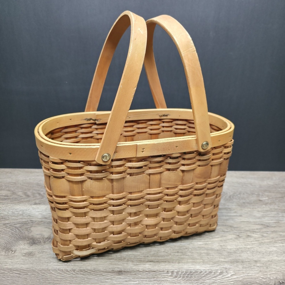 Vintage Double Handled Light Brown Wooden Basket 13x6x9 Rustic Home Decor